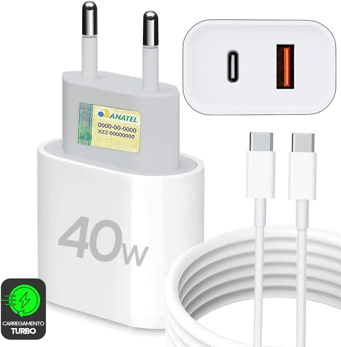 Kit Carregador Super Turbo 40W Porta Dupla (USB-C + USB-A) + Cabo USB Tipo-C - Compatível com Todos Dispositivos